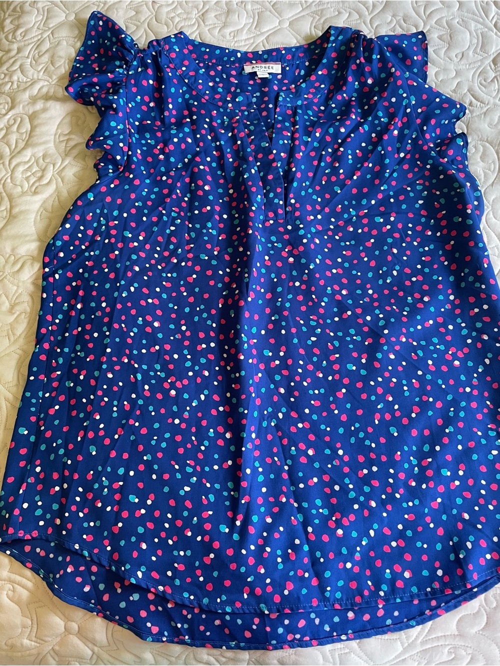 ANDRÉE BY UNIT Blue Blouse with Pink, Aqua & White Dot Print